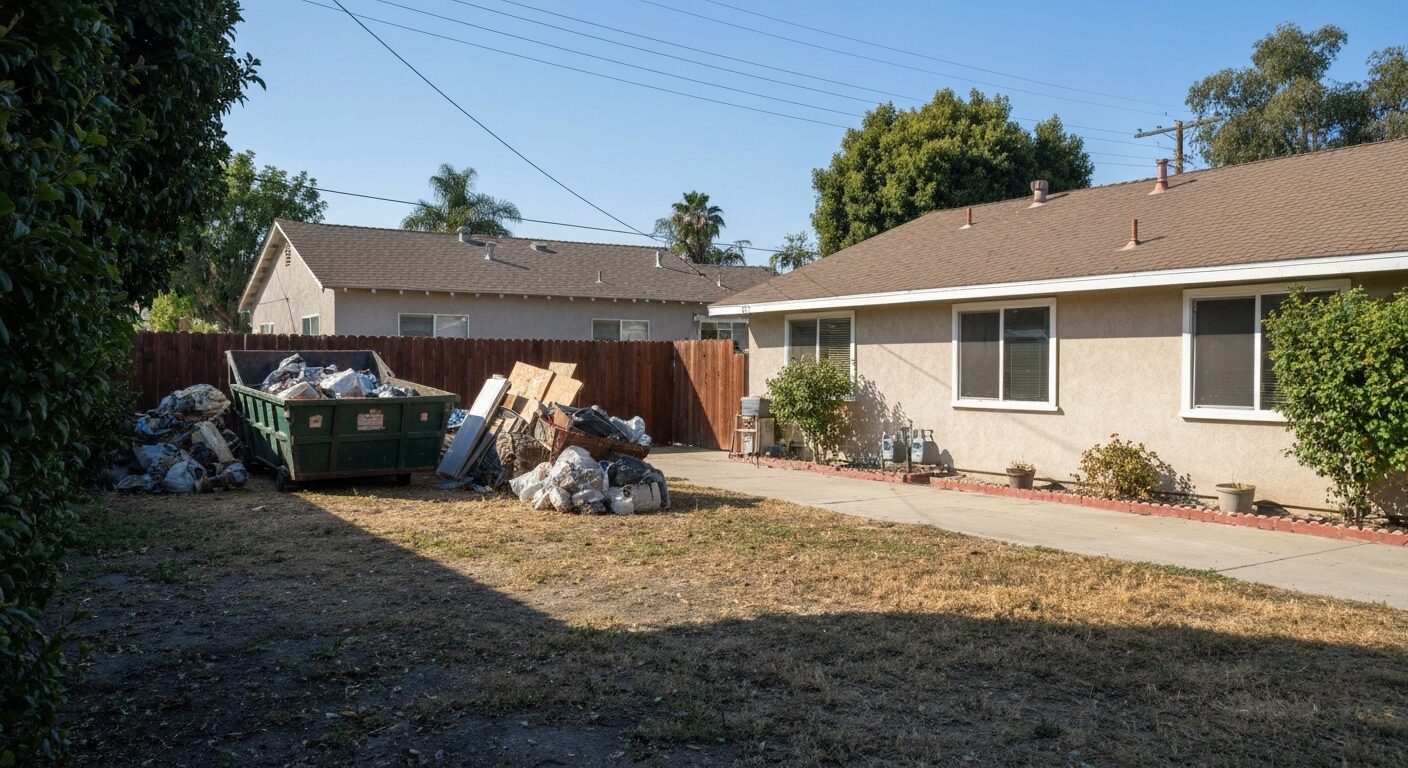 Junk hauling truck positioned for pickup in Santa Ana