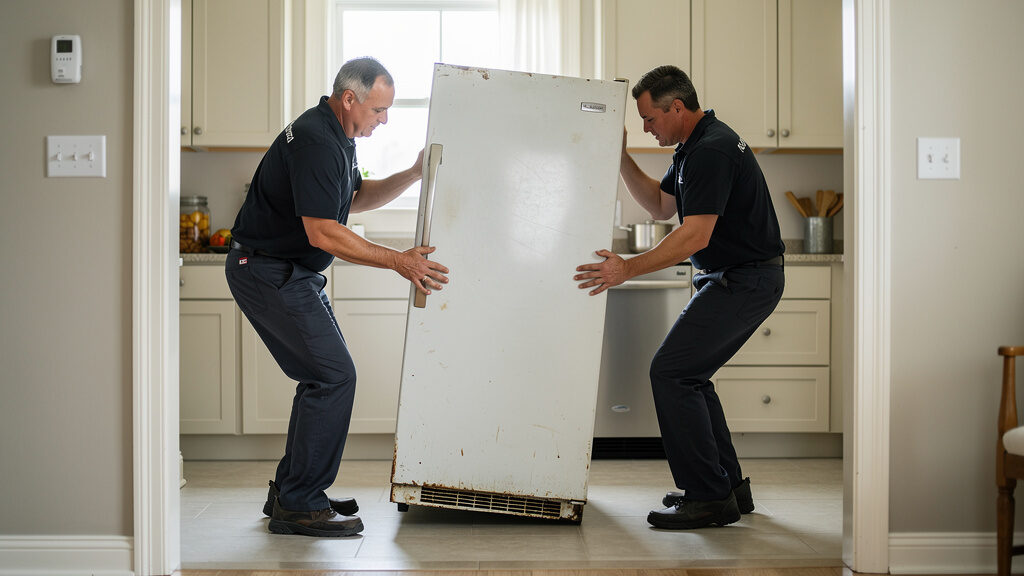 Professional crew safely removing a large stainless steel refrigerator from a kitchen