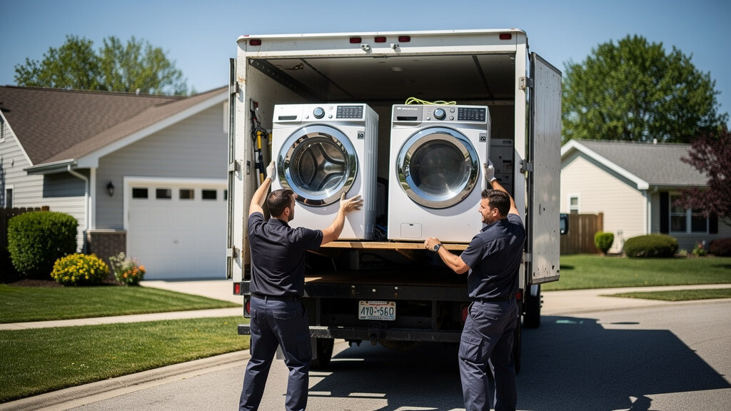 Two workers loading a washing machine and dryer combo into a removal truck