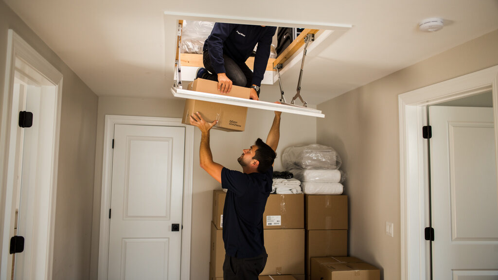 Cramped attic space filled with boxes, insulation, and stored items