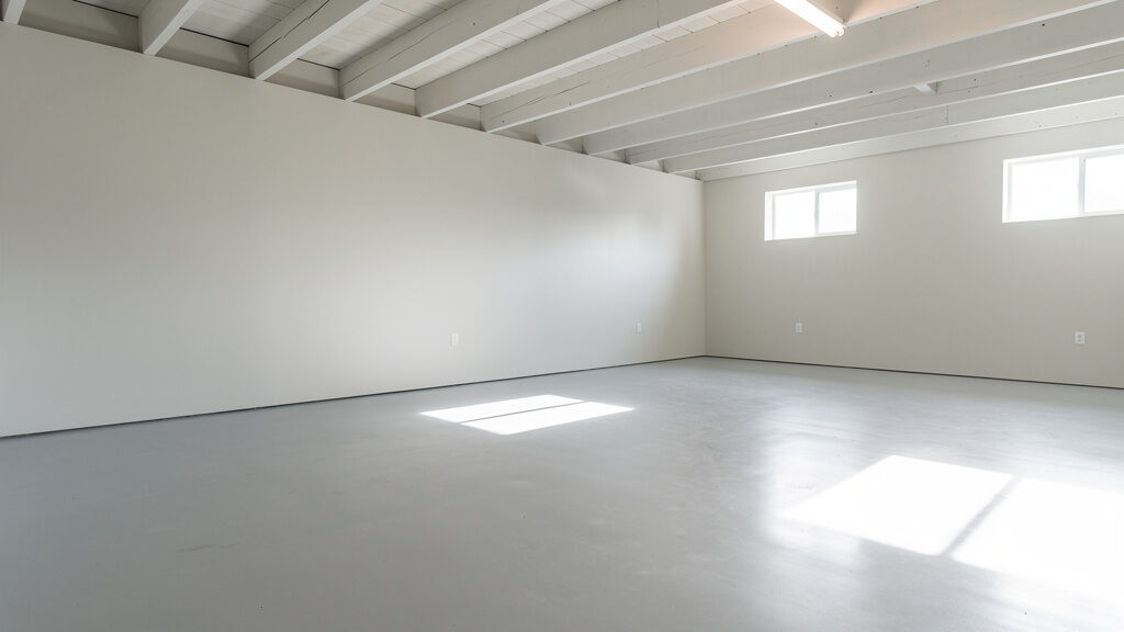Clean basement after professional cleanout with empty floor and walls