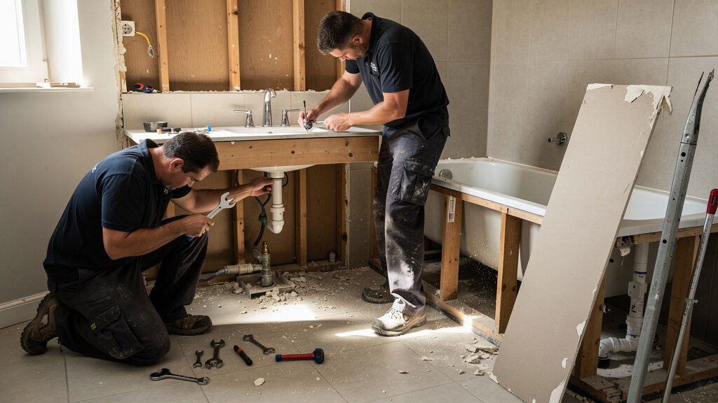 Professional bathroom demolition crew removing vanity and fixtures from Orange County bathroom