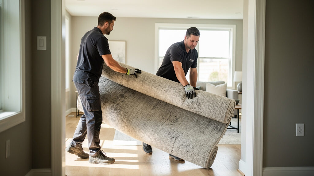 Professional carpet removal crew pulling up old flooring in Orange County home