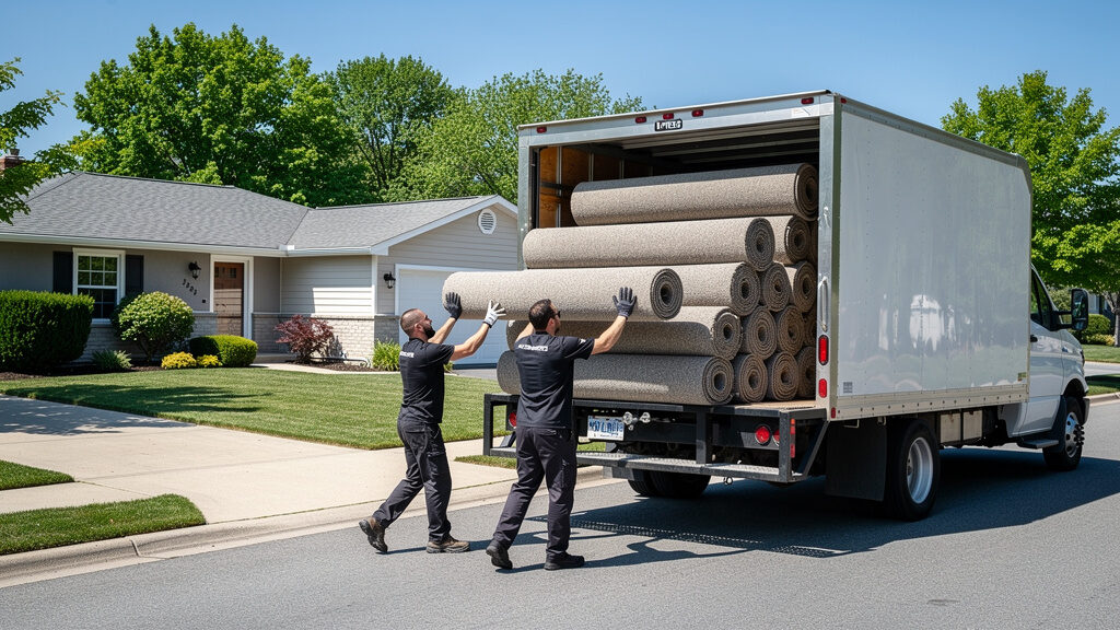 Flooring removal crew loading rolled carpet into truck in Orange CA