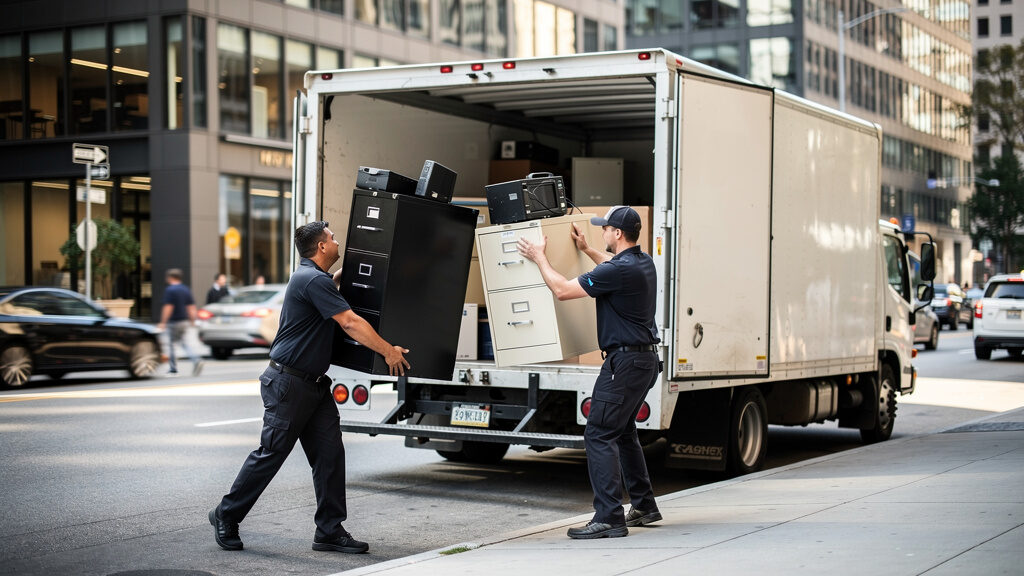 Commercial junk removal team removing old office furniture from Orange County warehouse