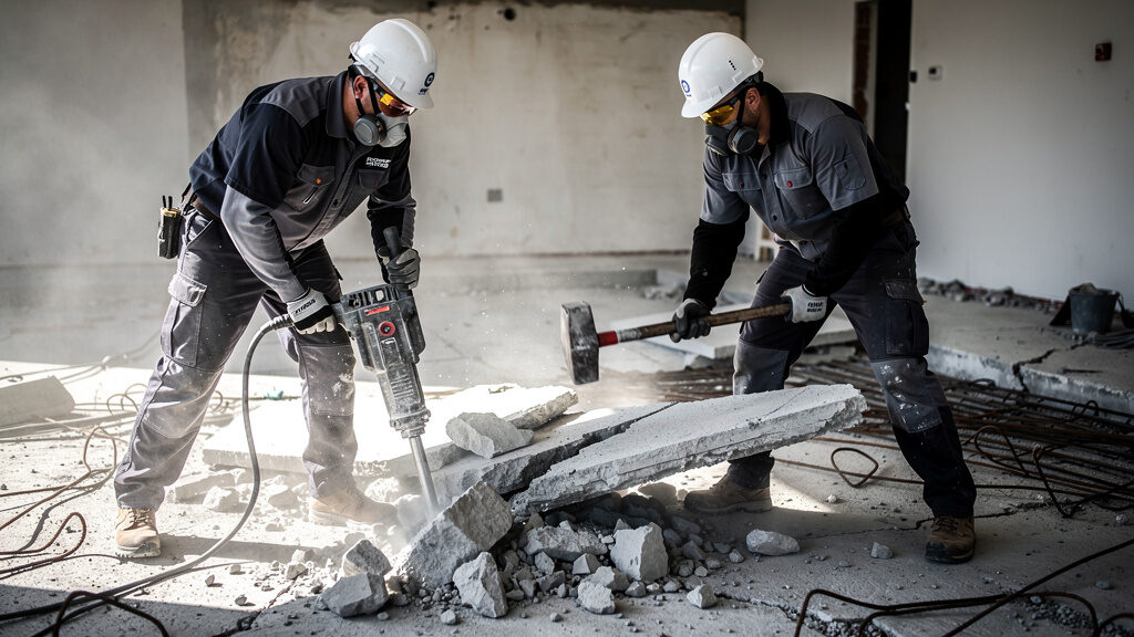 Professional concrete demolition crew breaking up driveway in Orange County property