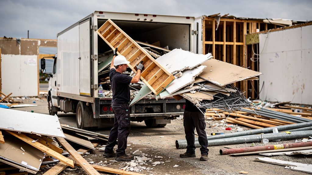 Construction debris removal crew loading drywall and framing materials into truck in Orange County