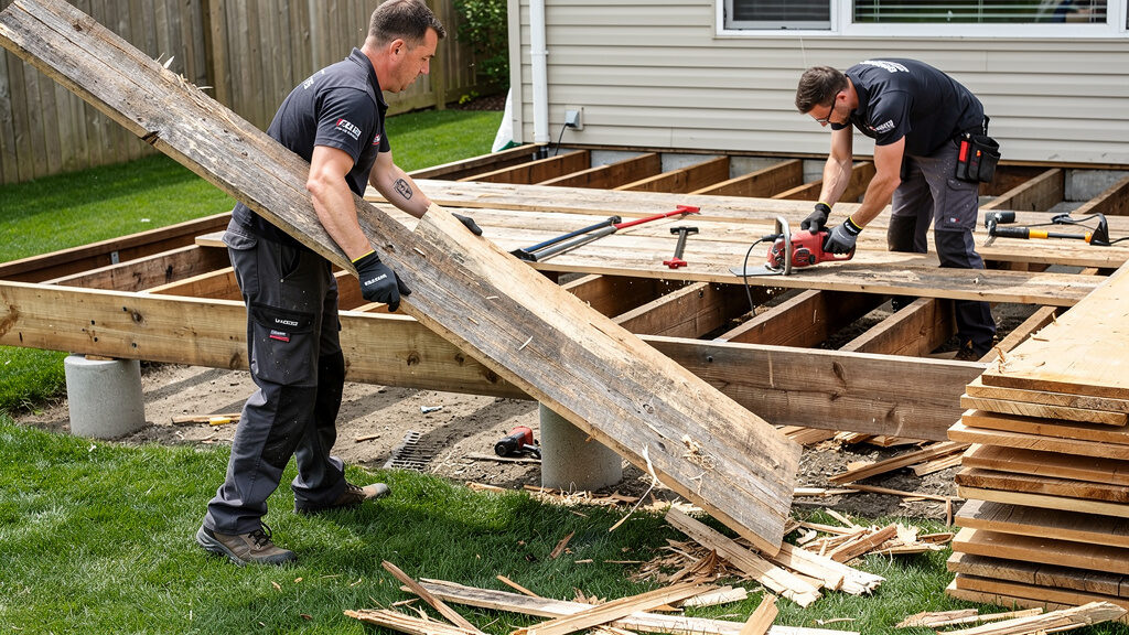 Professional deck demolition crew removing large wood deck structure from Orange County backyard