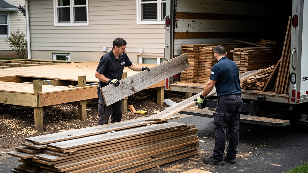 Deck demolition crew loading dismantled deck boards and posts into truck in Orange