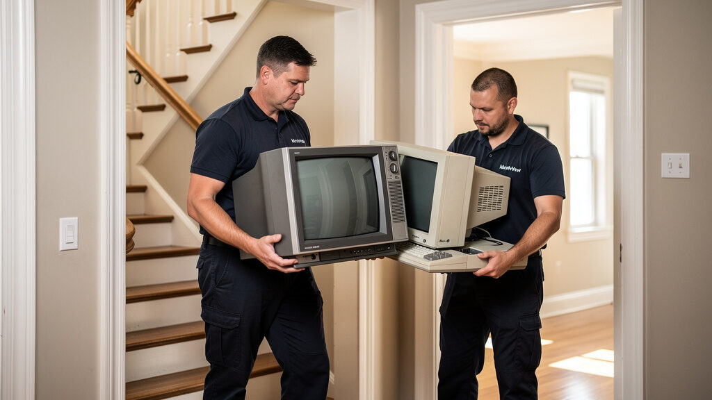 Professional team carefully loading old televisions and computer monitors for electronics recycling