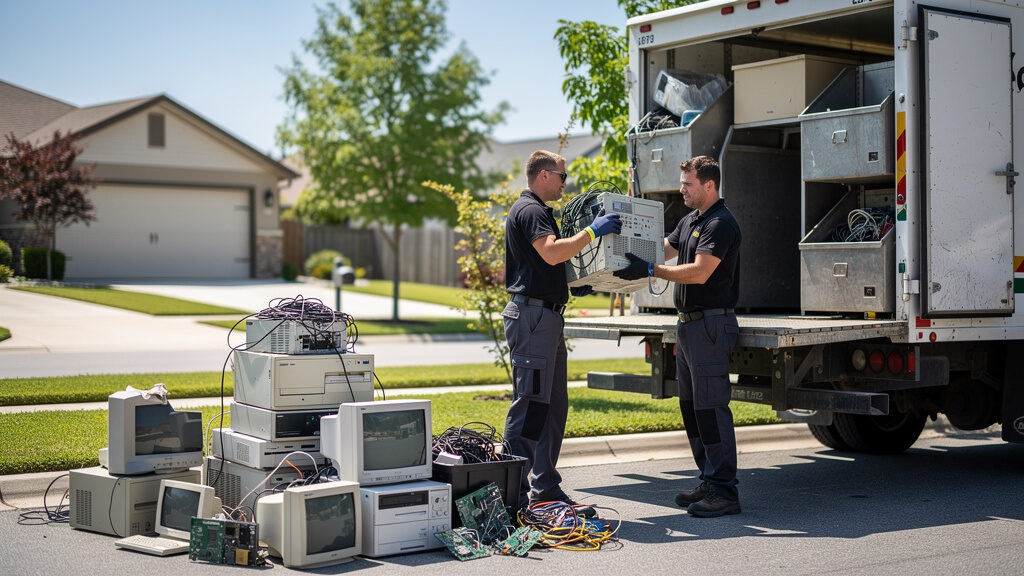 Workers sorting and organizing various electronics for proper categorization and recycling processing