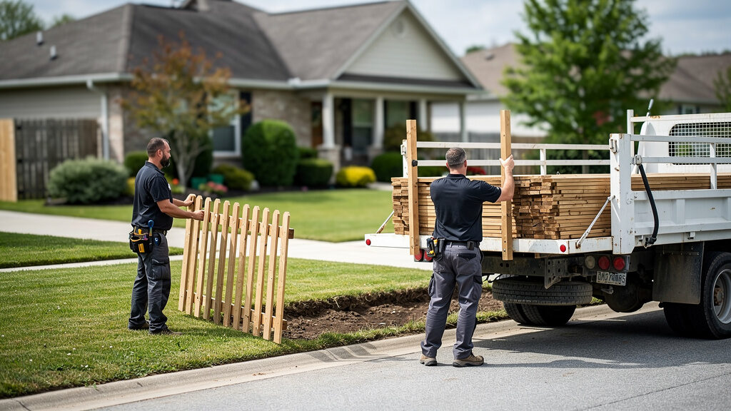 Fence removal crew loading wood panels and posts into truck in Orange CA