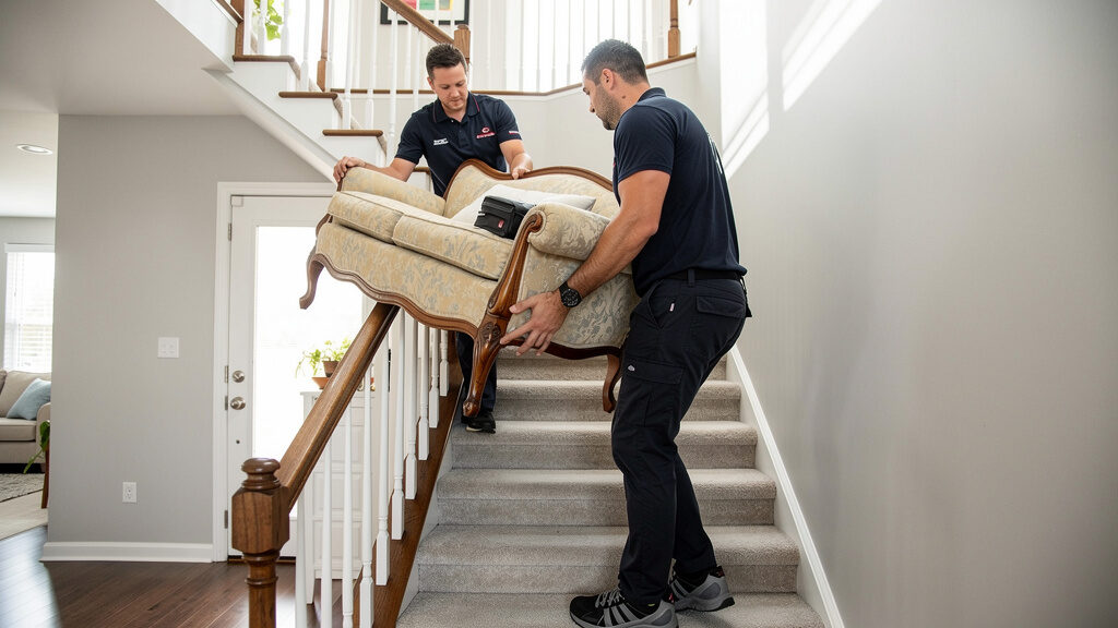Professional furniture removal crew safely moving a large sectional sofa