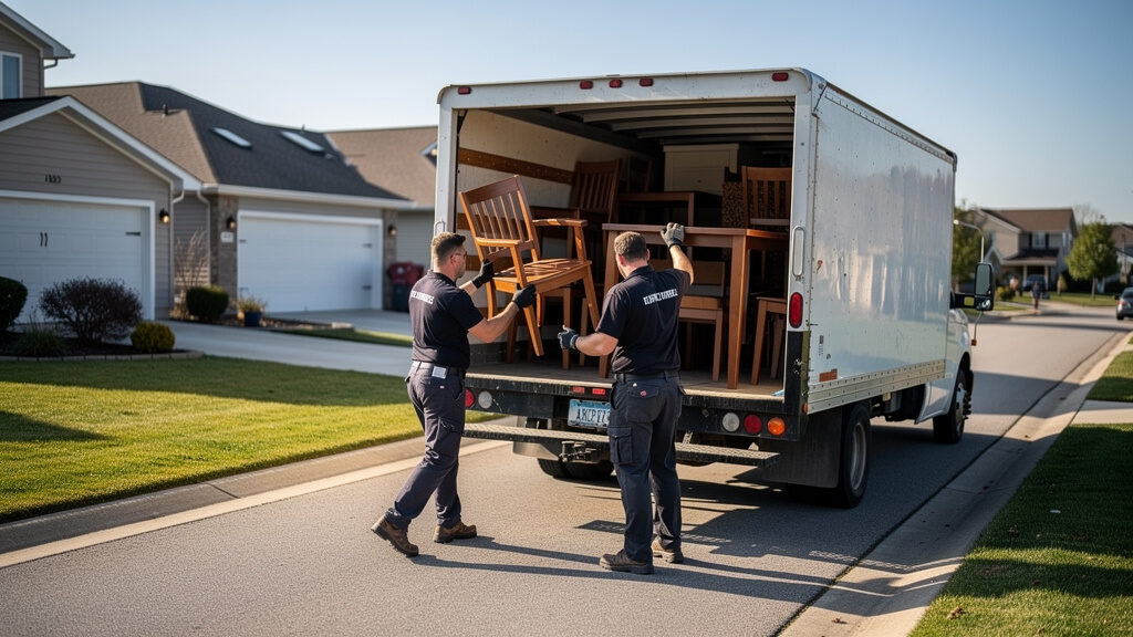 Two workers efficiently loading furniture into a removal truck