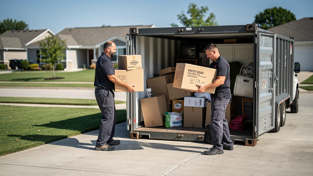 Cluttered garage filled with tools, boxes, and stored items before cleanout