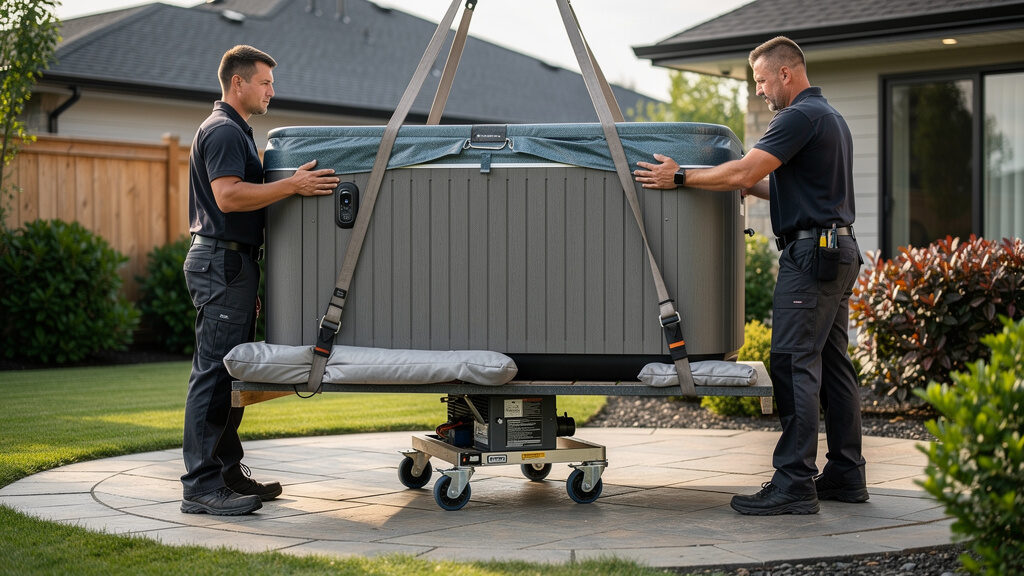 Professional hot tub removal crew carefully removing large spa from Orange County backyard