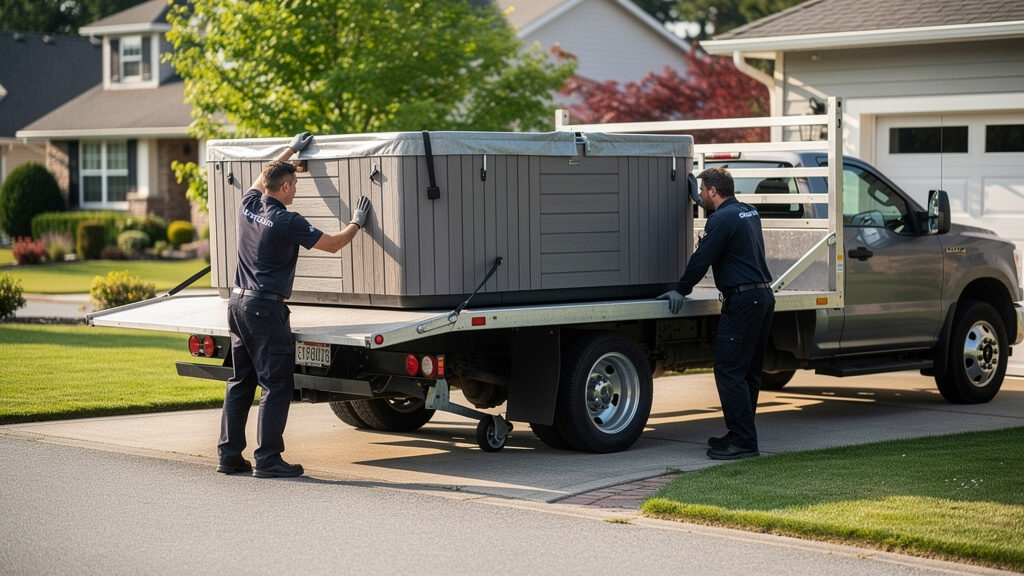 Hot tub removal crew loading large spa unit into disposal truck in Orange