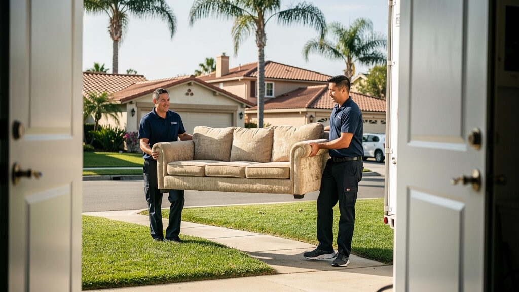 Professional crew removing furniture from a residential home during a cleanout