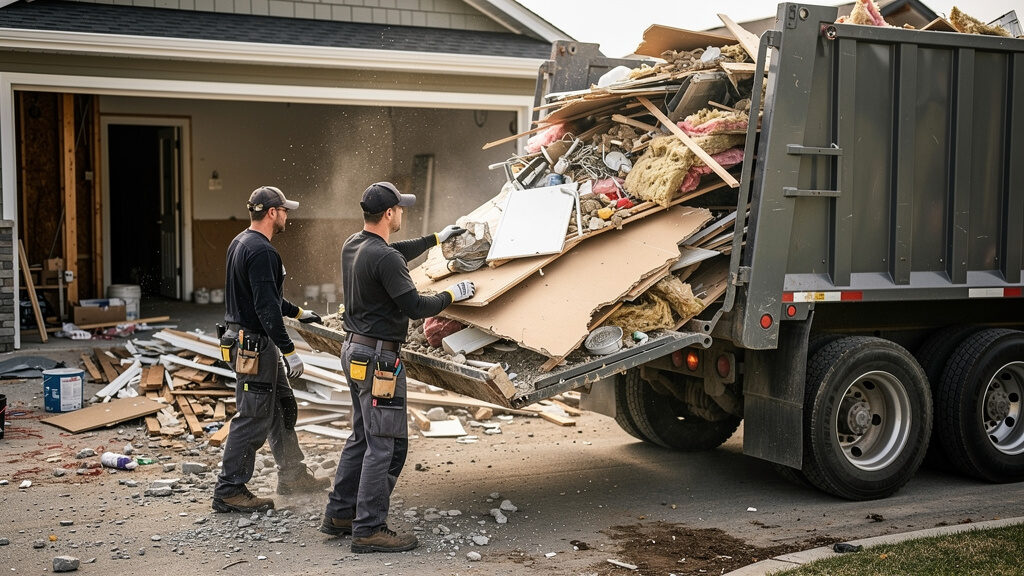 Interior demolition crew loading drywall and debris into truck in Orange