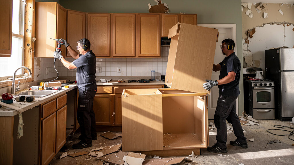 Professional kitchen demolition crew removing cabinets and countertops from Orange County home