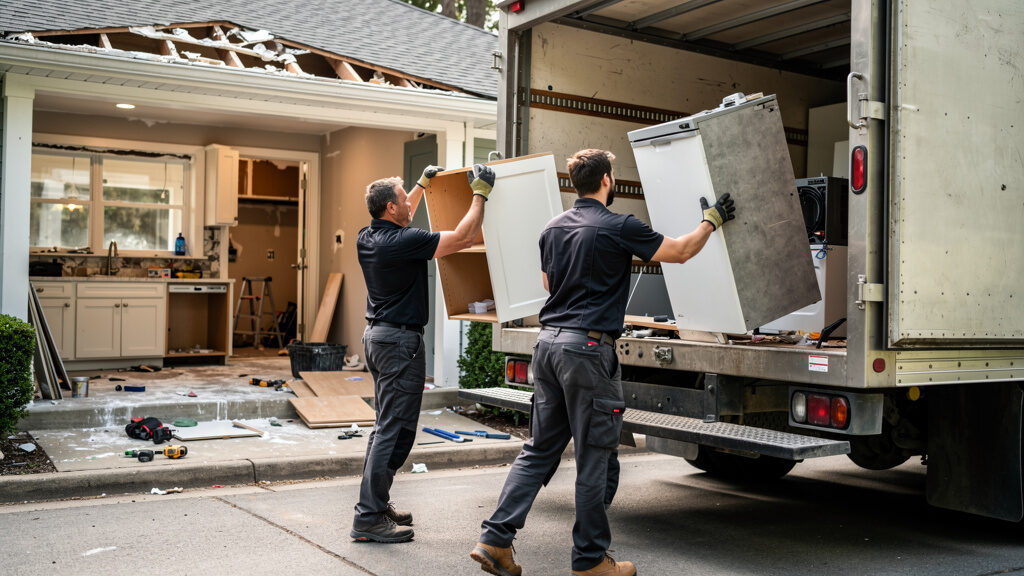 Kitchen demolition crew loading large appliance and cabinet debris into truck in Orange