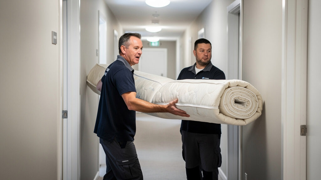 Professional removal crew carrying a queen-size mattress down exterior stairs