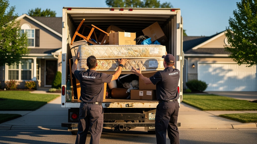 Close-up of workers securing a mattress into the removal truck with proper straps