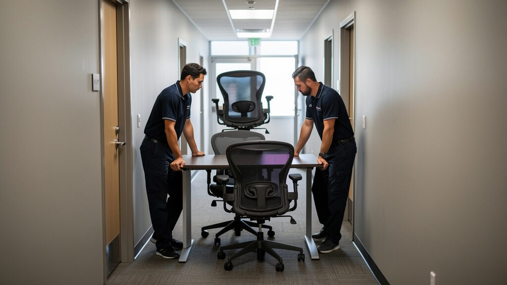 Professional office junk removal crew removing desks from Orange County office building