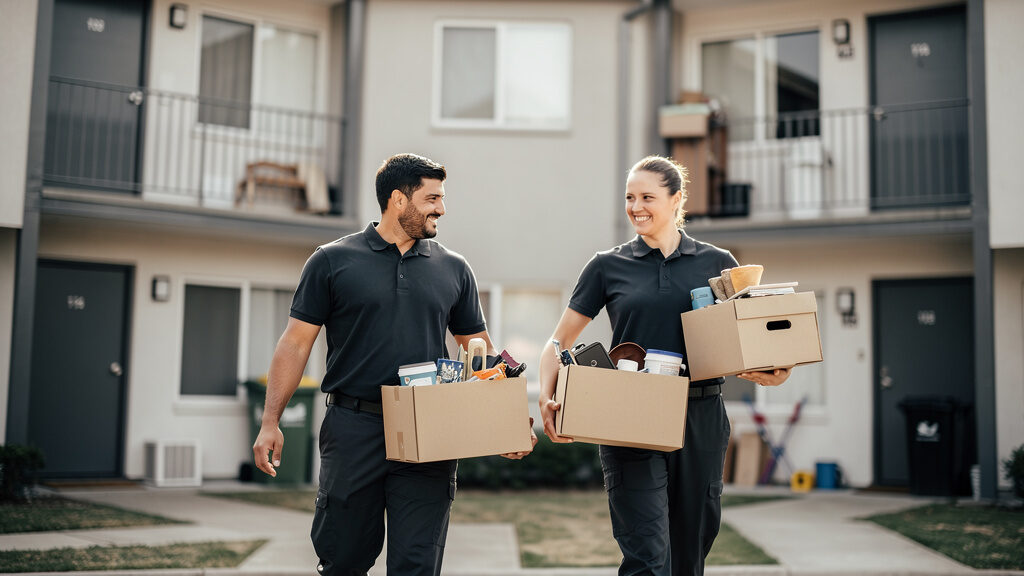 Professional property cleanup crew removing furniture from empty Orange County rental unit