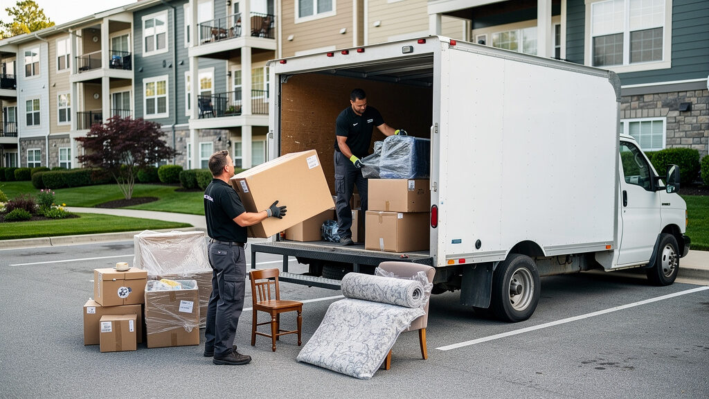 Property turnover crew loading old appliances and flooring into truck in Orange