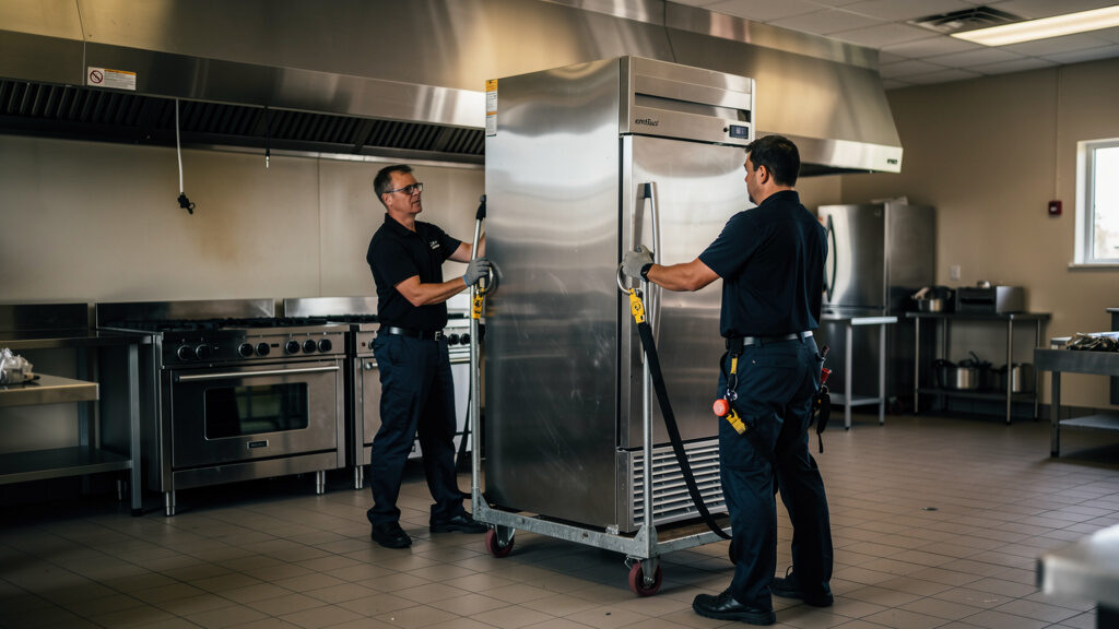 Professional restaurant equipment removal crew clearing commercial kitchen in Orange County