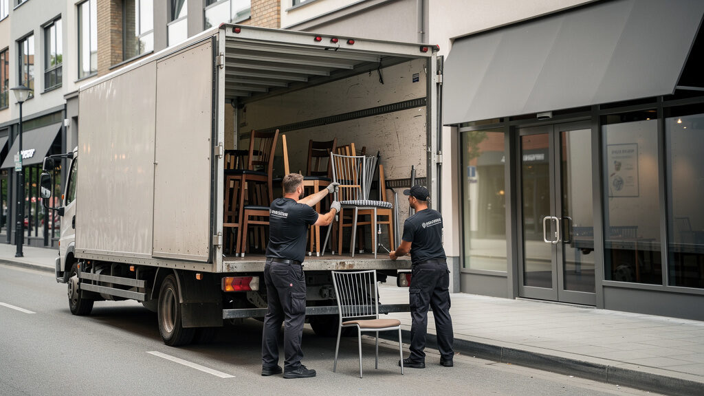 Restaurant cleanout team loading dining chairs and kitchen equipment into truck in Orange