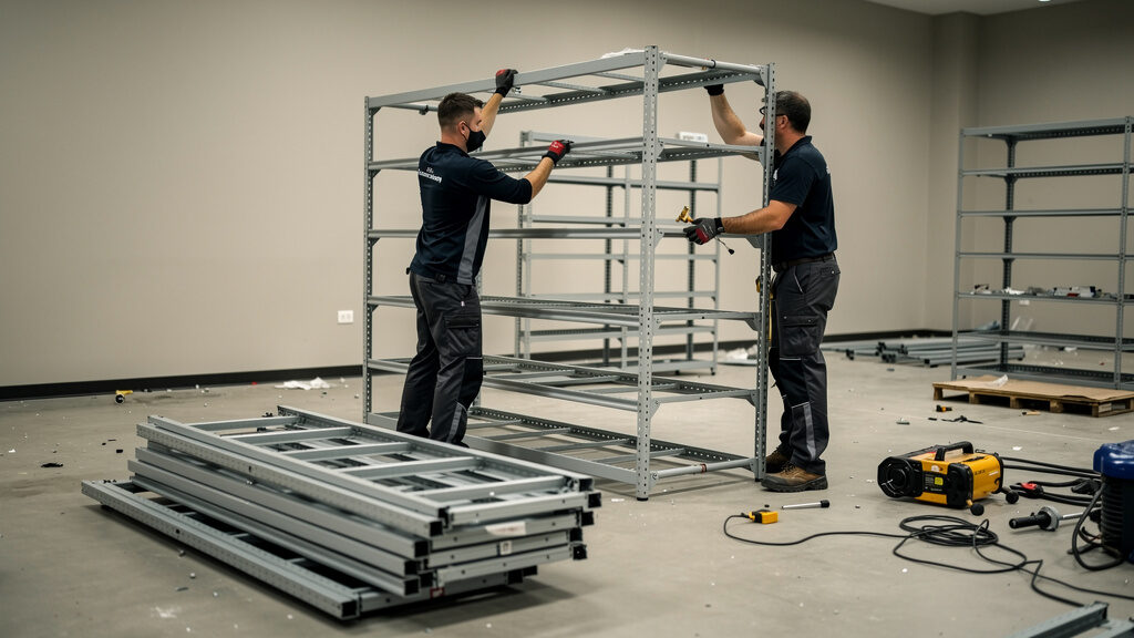Retail store cleanout crew removing display shelves and fixtures from Orange County store