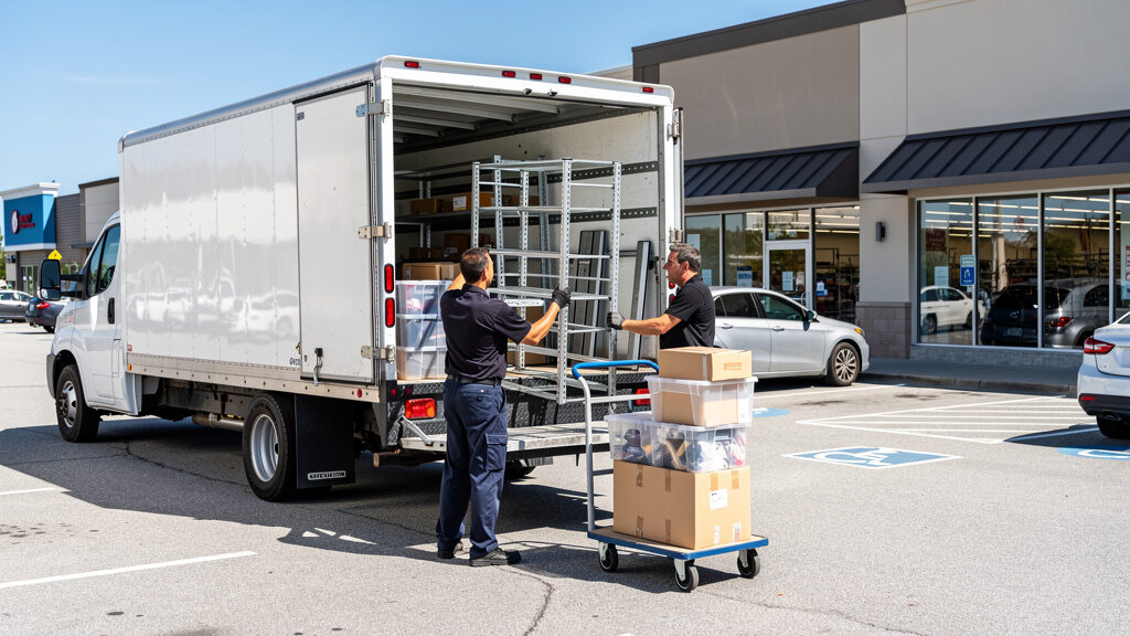 Retail crew loading vintage display mannequins into truck in Orange