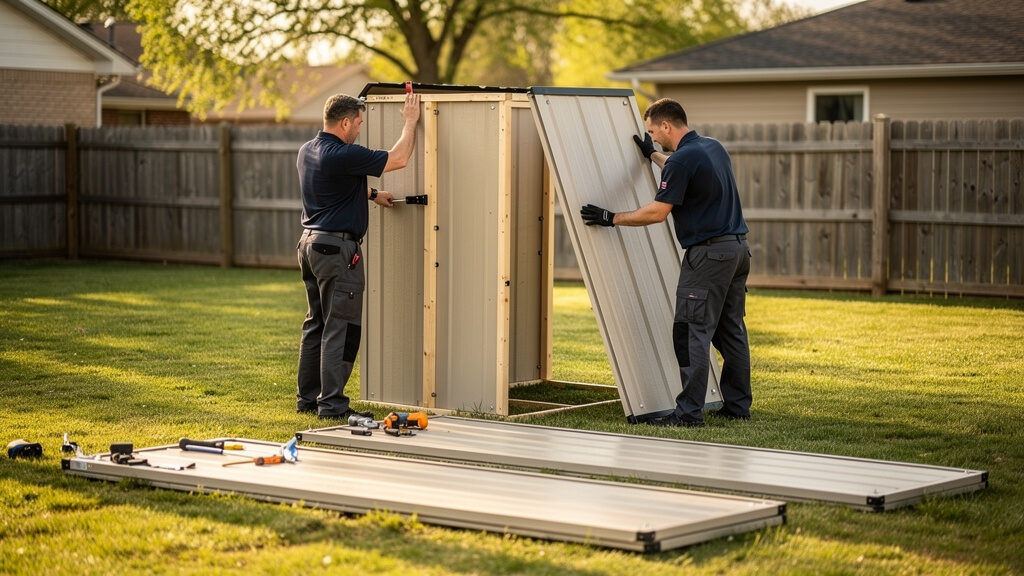 Professional shed removal crew dismantling wooden shed in Orange County backyard