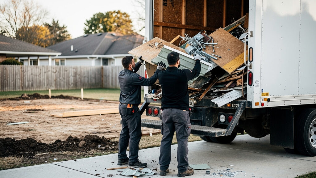 Shed demolition crew loading roofing and framing materials into truck in Orange