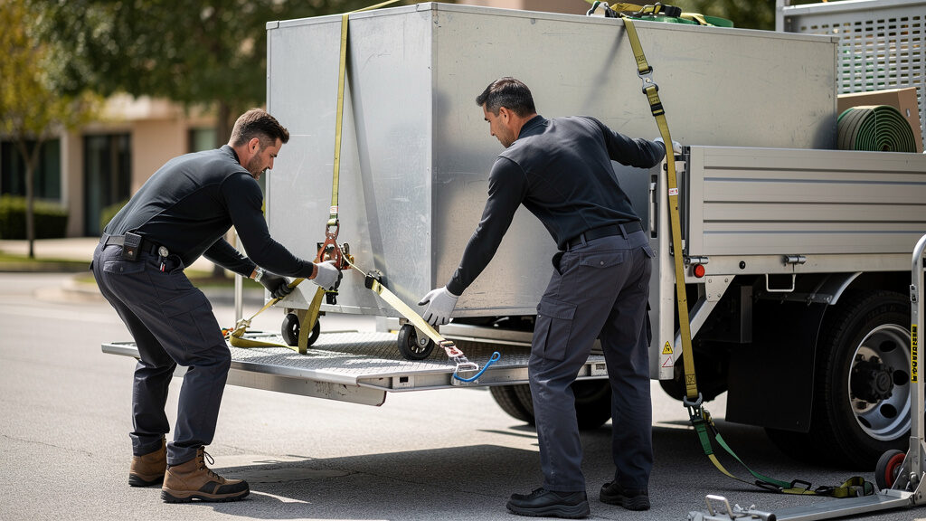 Professional crew carefully carrying a single recliner down residential stairs