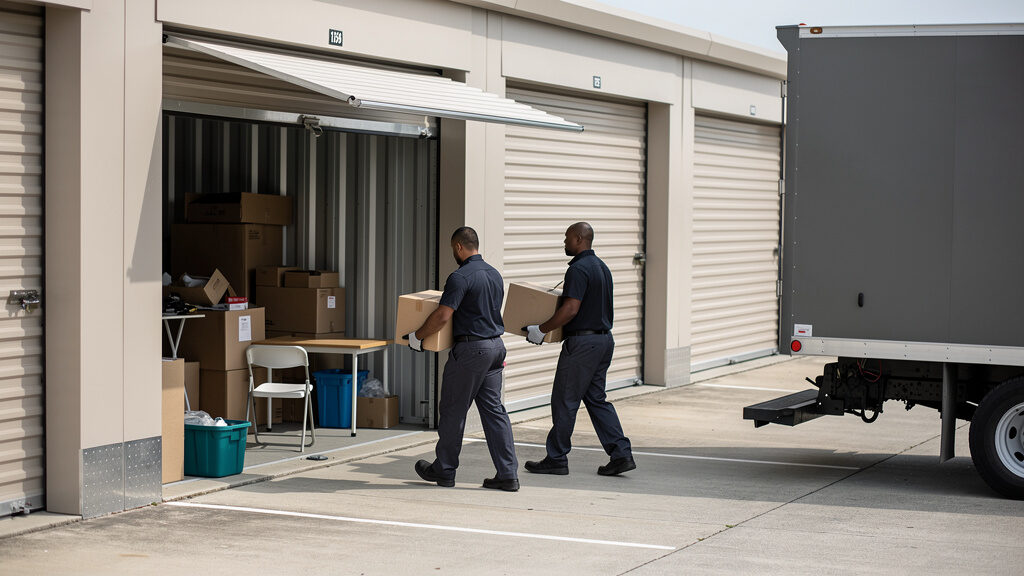 Storage unit interior filled with boxes, furniture, and accumulated belongings