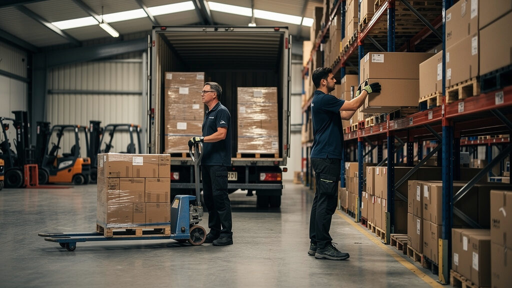 Large warehouse cleanout crew removing heavy equipment and pallets in Orange County