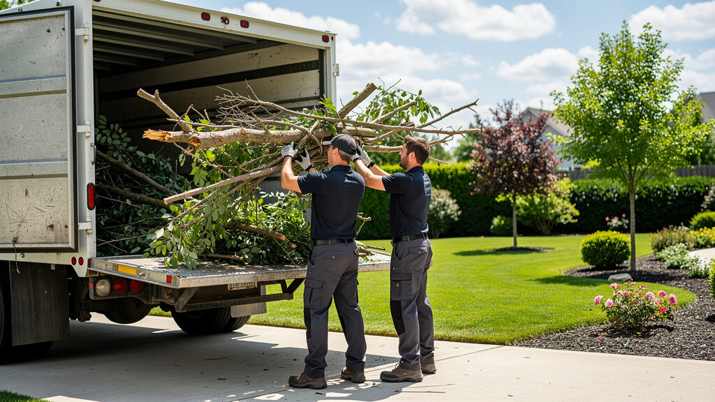 Professional crew loading large piles of branches and tree debris into a removal truck